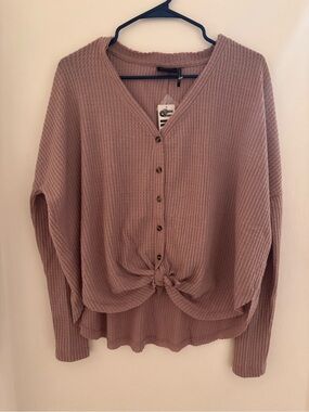 Urban Outfitters Women's Mauve Waffle Knit Button-Front Tie Hem Sweater